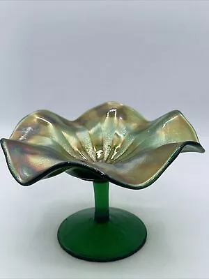 Vintage Carnival Glass Green Compote Marigold Center Fluted Edge • $25