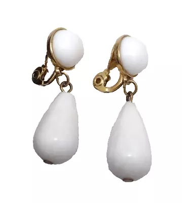 Vintage Monet Clip On Earrings White Dangle Bead Gold Tone Classic Drop • $14.99