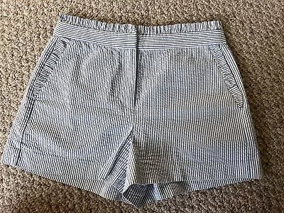 J Crew Seersucker Ruffle Shorts Women Size 4 White Blue Striped Cotton • $11