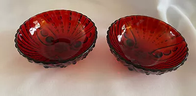 Vintage Ruby Red Anchor Hocking 2 Glass Berry Bowls Oyster And Pearls Pattern • $9.98