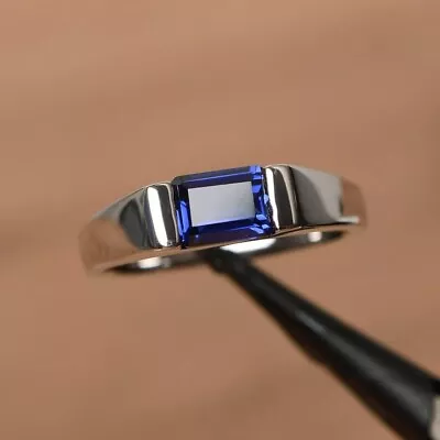 1Ct Emerald Cut Lab Created Sapphire Solitaire Men's Ring 14K White Gold Plated • $74.99