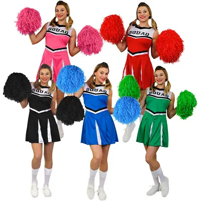 Ladies Cheerleader Costume And Pom Poms Adult Cheer Leader Uniform High School  • £21.99