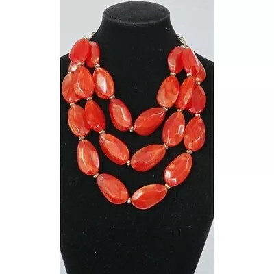 Vintage Red Moonglow Lucite Bib Necklance Silver Tone Station Beads 24  • $17