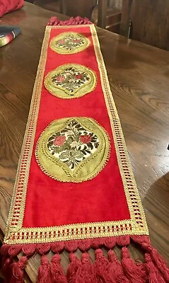 Victorian Red Velvet And Brocade Table Runner  50  X 11.5  W/4  Knotted Fringe • $99.99