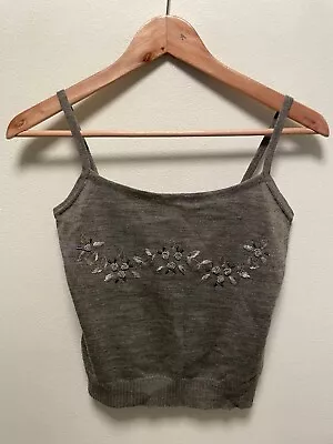 Vintage Heart Moon Star Womens Tank Top Medium Gray Floral Cropped Embroidered • $25.09