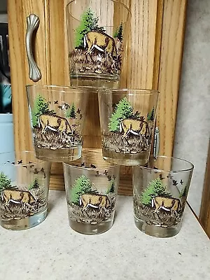 6 Vintage Libbey Wildlife Old Fashioned 4  Glasses Whisky Whitetail Deer Buck  • $45.75