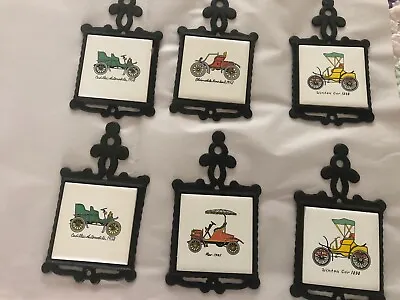 Vintage Set Of 6 Cast Iron Ceramic Tile ANTIQUE AUTOMOBILE CAR TRIVETS • $15