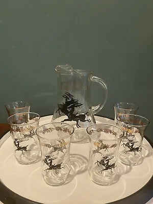 Vintage Gazelle Leaping Impala Glass Tumblers (6) And Pitcher Set 1950s *READ* • $64.95