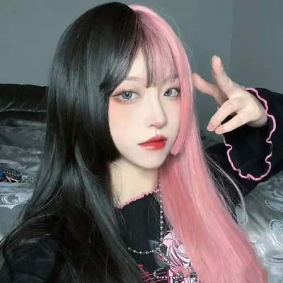 Women Girl Two-tone Wig Long Straight Hair Japanese Harajuku Lolita Punk Gothic • £17.06