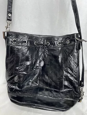 Vintage Lee Sands Black Eel Skin Bucket Drawstring Shoulder Purse • $49.90