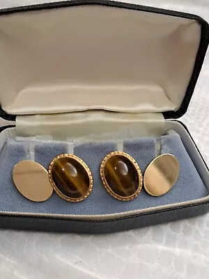 9CT YELLOW GOLD TIGER'S EYE CUFF LINKS RETRO OVAL HALLMARKED 375 VGC With BOX  • £295