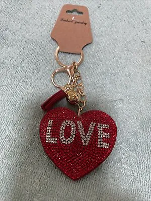 Rhinestone Plush Heart Red And Silver Love Keychain 4 - 1/2 Inches Long New • £12.44