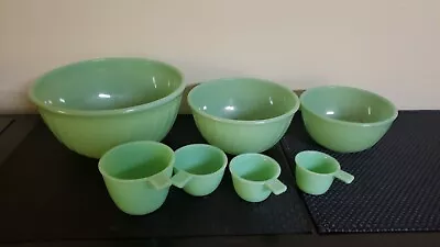 3 Fire King Jadeite Swirl Mixing Bowls & Jadeite Measuring Cups  • $219