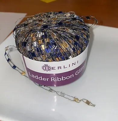 Berlini Ladder Ribbon Glitter Yarn #146 Prince Navy Gold White LOT Of 10 Skeins • $55