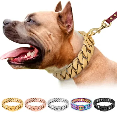 Dog Collar Heavy Duty Luxury Gold Chain Cuban Choker Training Pitbull Bulldog • $170.49