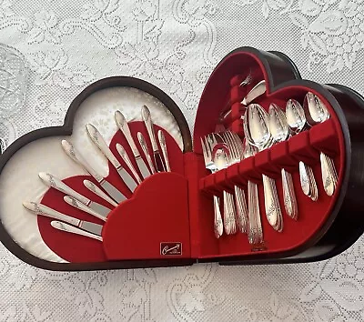 Vintage Silverware 1946 Queen Bess II Tudor Silver Plate 61 Piece Heart Box • $175