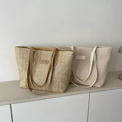 Women Woven Handbag Large Capacity Summer Casual Beach Tote Straw Shoulder Bag • £7.97