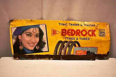 Vintage Advertising Tin Sign Board Bedrock Cycle Tyres Tires Madhuri Dixit Bicy  • $64.49