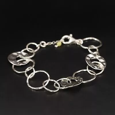 Sterling Silver - Yellow Bead Hammered Circle Link 8.5  Chain Bracelet - 14g • $2.99