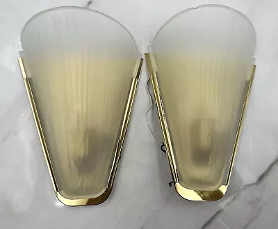 Wall Sconces Pair Mid Century Art Deco Brass Frosted Glass • $138.95