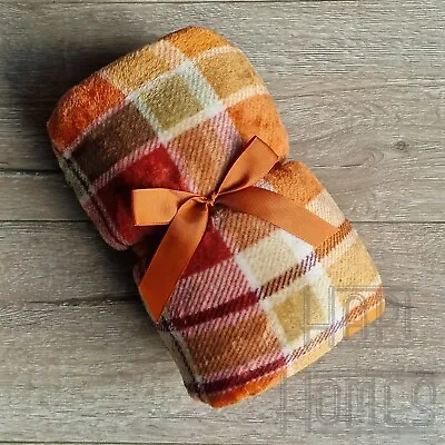 Checked Orange Super Soft Plush Throw Cosy Sofa Blanket Bed Autumn Check Fleece • £12.95