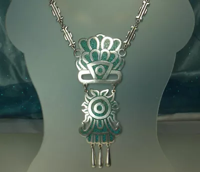 Taxco AZTEC SUN Turquoise Necklace 1950s 24  STERLING 70.4g Mexico Unisex FAB • £281.22