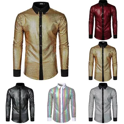 New Mens Sequins Glitter Shirt 70s Disco Party Costume Performance Shirt M-3XL • £11.86