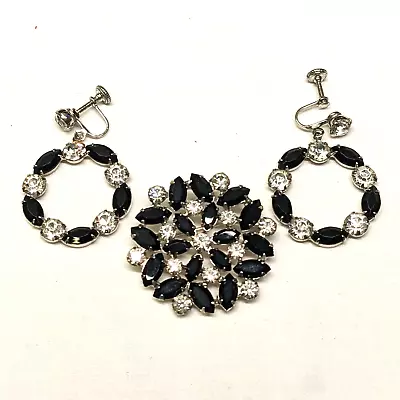 B. David Designer Black And Clear Rhinestone Brooch And Dangle Hoop Earrings  • $48