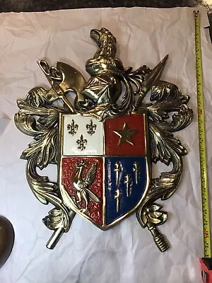 VINTAGE Aluminum Wall Plaque Medieval Shield Fleur De Lis Eagle Coat Of Arms 23” • $129.90