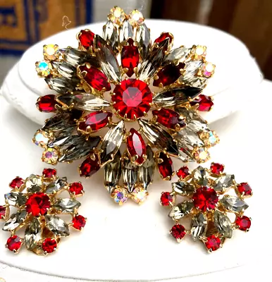 Vintage Juliana Red Rhinestone Flower Brooch Earrings Set STACKED ELABORATE TIER • $25