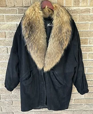 Vintage 80s 90s Niki Women’s Suede Leather Coat Real Fur Trim See Measurements • $89