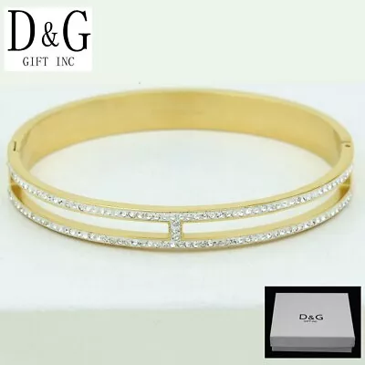 DG Women's 6.5  Stainless Steel CZ Bangle Eternity.Gold Plated Bracelet Box • $17.95