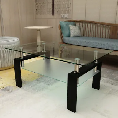 39 In Glass Coffee Rectangular Table Modern W/Shelf Wood Living Room Furniture • $97.99