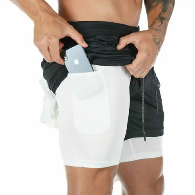 Man's 2 In 1 Compression Gym Workout Training Liner Phone Pocket Shorts Pants US • $16.99