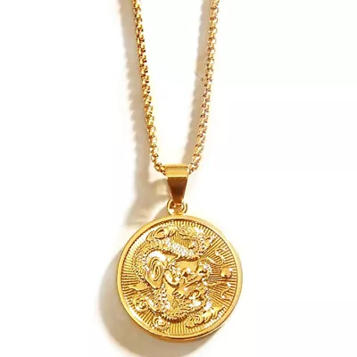 18k Gold Filled Over Sterling Silver 24  Mens Dragon Pendant Chain Necklace D674 • $26.95