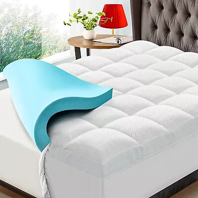 4  HYLEORY Queen Dual Layer Memory Foam Mattress Topper Cooling Gel/Bamboo Cover • $62.33