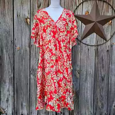 J. Jill Wrap Front Dress 3X Plus Orange Floral Ruffle Trim VNeck Plus Size NWT • $65