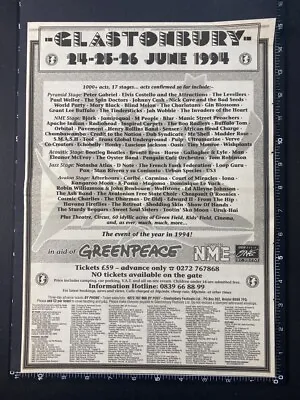 £11.99 • Buy GLASTONBURY FESTIVAL LINE UP 1994 15X11  Press Advert Poster L251