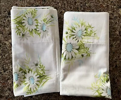 NOS Vtg Springs White Blue & Green Daisy KING Percale Pillowcases - UNUSED • $25