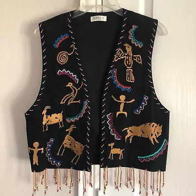 VTG Rafia Studio Womens M Vest Embroidered Beaded Native American Western Fringe • $33.97