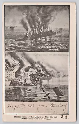 Civil War Destruction Of Virginia Confederate Ironclad Submarine & USS Merrimac • $16.75