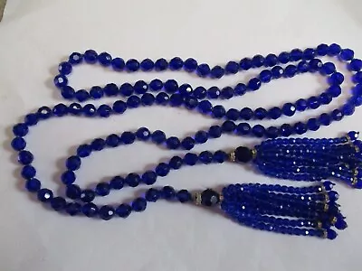 Antique 47 In LONG Hand Knotted Cobalt Blue GLASS Beaded Tassel Lariat Necklace • $36.99