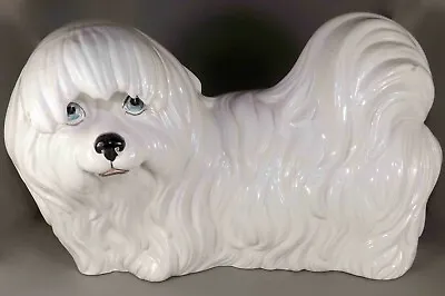 Vintage Large 16.5” White Ceramic Maltese Dog Statue Figurine With Blue Eyes MCM • $14.99