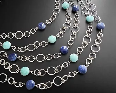 Ilaria Open Circle Link Multi Strand Sterling Blue Green Bead Design Necklace • $225