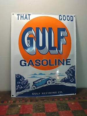 Gulf Gasoline Vintage Porcelain Gas Station Sign That Good Gulf Gas Refining 16  • $112.50