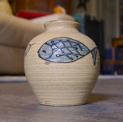 Vintage Small Pottery Vase With BLUE FISH DESIGN Hand-Painted • $9.99