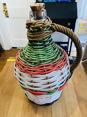 Vintage Plastic Wicker Wrapped Glass Demijohn  Bottle Handled Decanter Original • $30