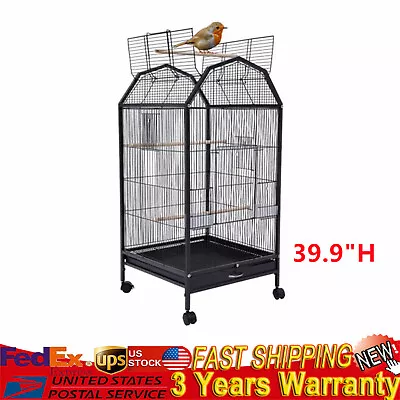 39.9'' Iron Large Bird Cage W/ Play Top Rolling Stand Parrot Macaw Finch Black • $70.15