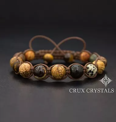 Men's Jasper & Tiger's Eye Shamballa Style Gemstone Beaded Bracelet Wrap Macrame • $45