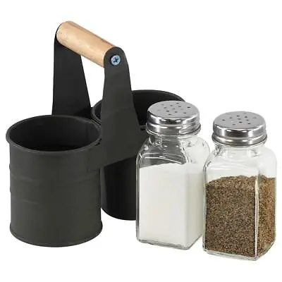 Salt And Pepper Shakers Set Glass Pots Cruet Jars With Metal Tin Storage Holder • £6.99